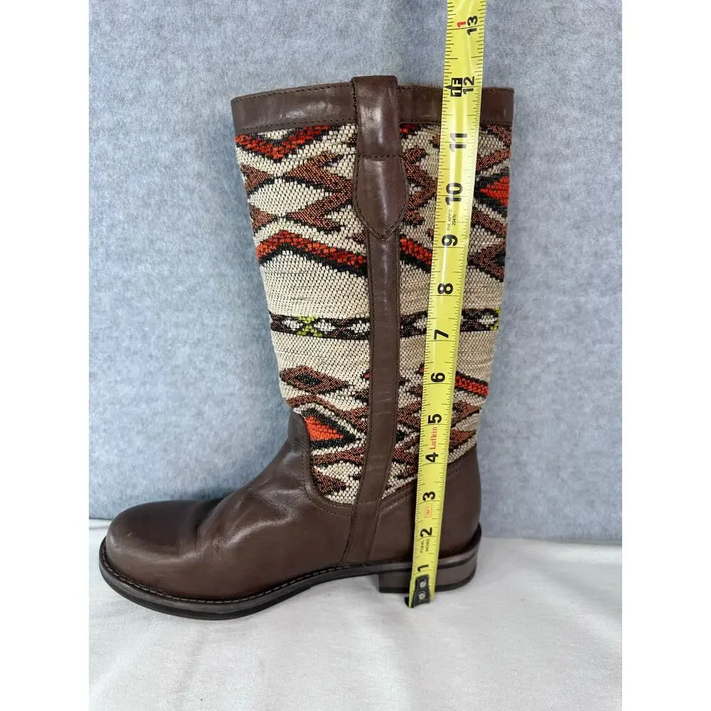 Eric Michael Women 38 US 7.5-8 Tapestry Brown Leather Pull On Southwestern Boots